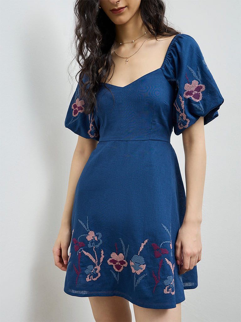 Buy Bombay Paisley Blue Floral Embroidered A-Line Cotton Dress from Westside