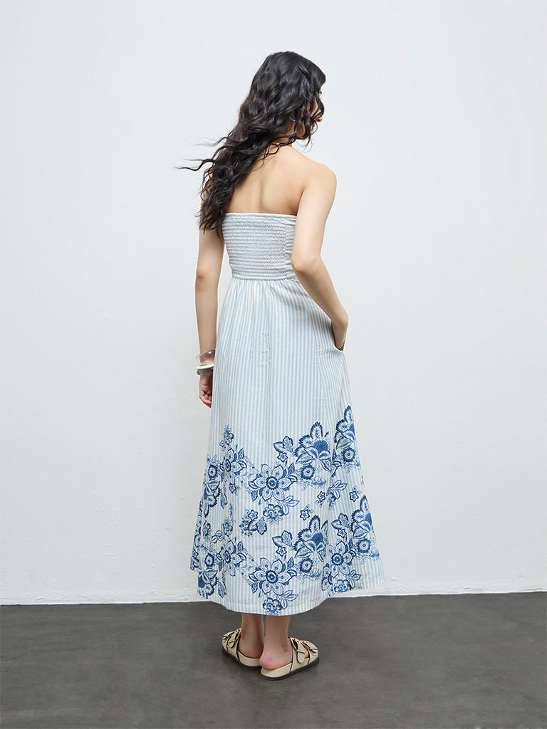 Buy Bombay Paisley Blue Floral Design Off-Shoulder Cotton-Blend A-Line Dress  from Westside