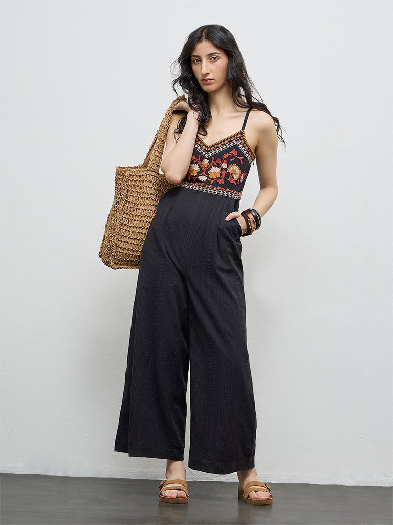 Bombay Paisley Black Floral Embroidered Cotton Jumpsuit