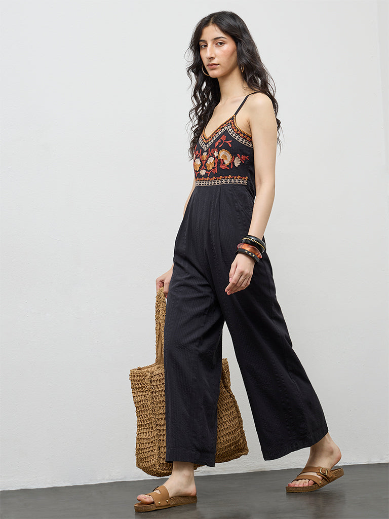 Bombay Paisley Black Floral Embroidered Cotton Jumpsuit