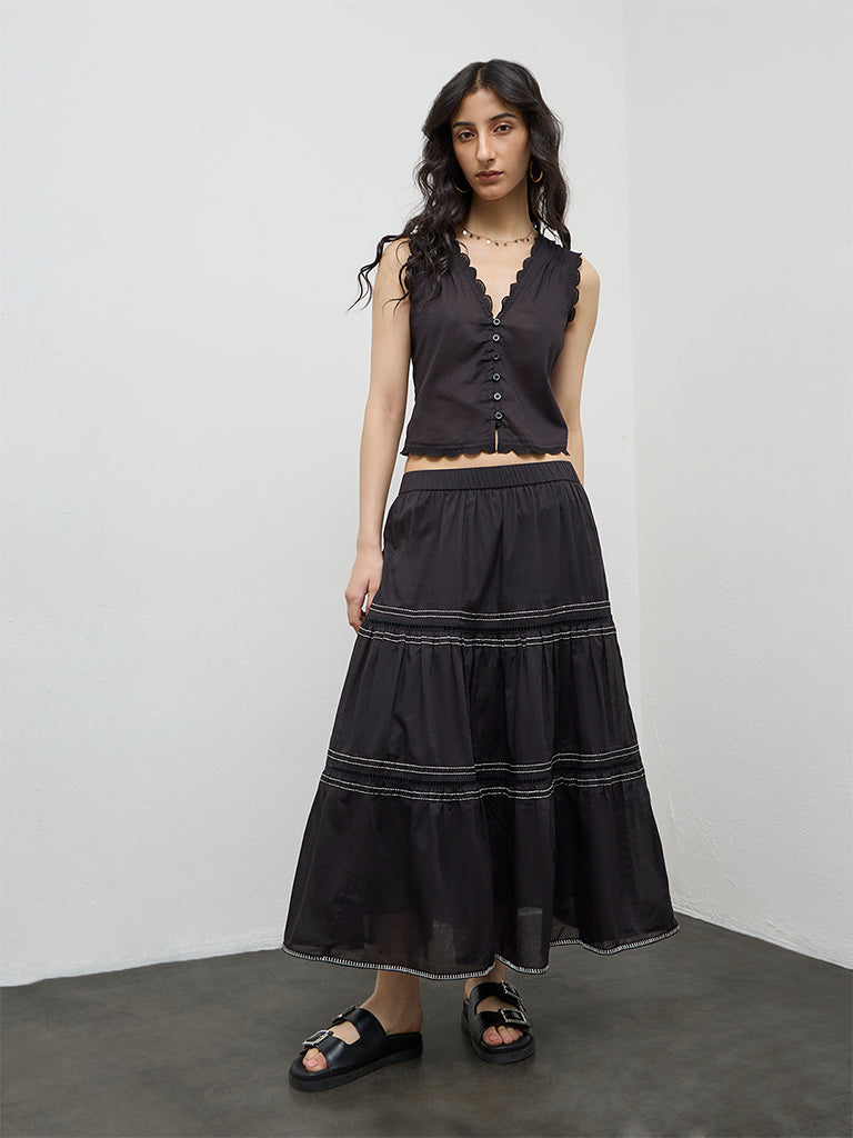 Buy Bombay Paisley Black Scallop-Detailed Cotton Top from Westside