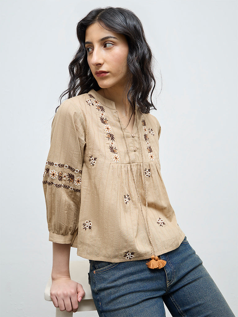 Bombay Paisley Light Brown Floral Embroidered Cotton Top