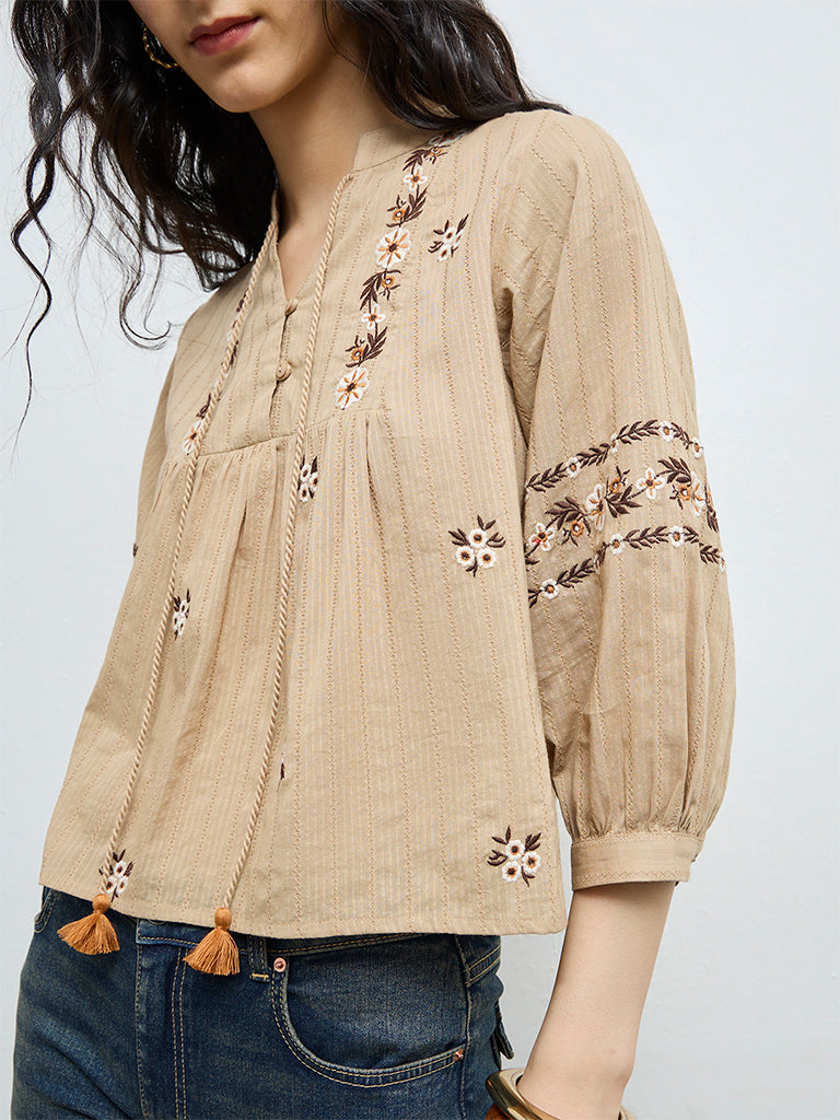 Bombay Paisley Light Brown Floral Embroidered Cotton Top