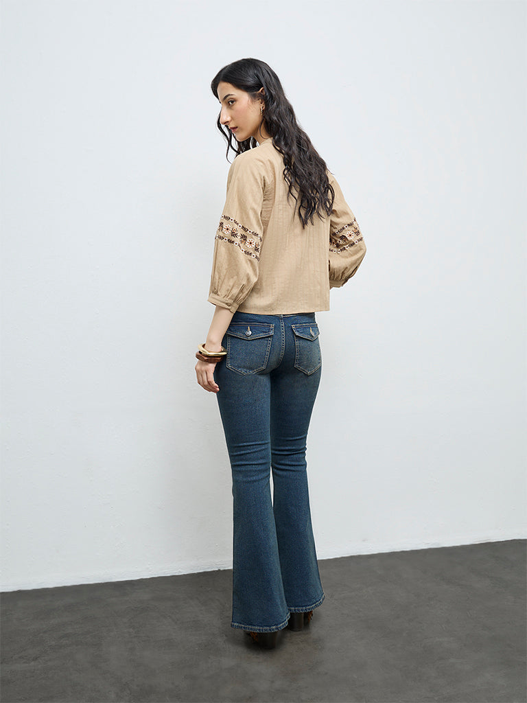 Bombay Paisley Light Brown Floral Embroidered Cotton Top