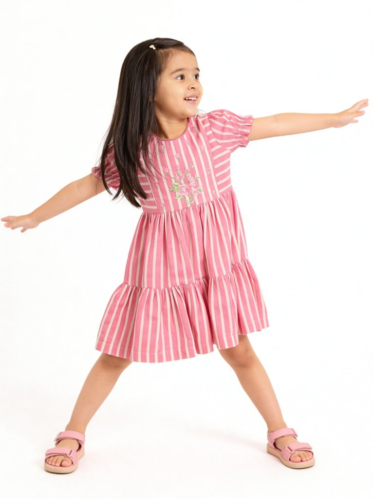 Utsa Kids Girls Pink Striped Tiered Cotton-Blend Dress - (2-8 yrs)