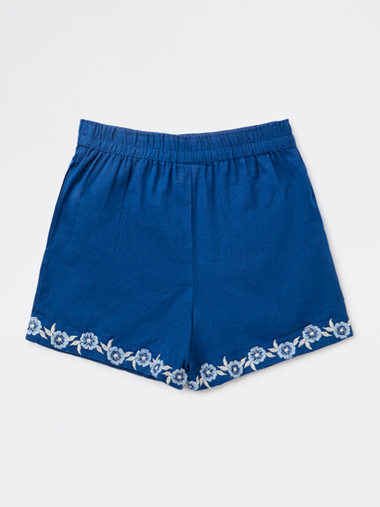 Utsa Kids Girls Indigo Embroidered Mid-Rise Cotton Shorts - (8-14 yrs)