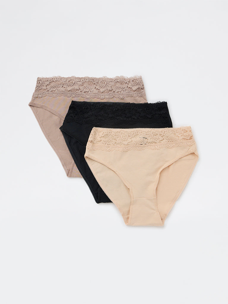 Wunderlove Light Taupe Lace Detailed Hi-Leg Cotton-Blend Briefs - Pack of 3