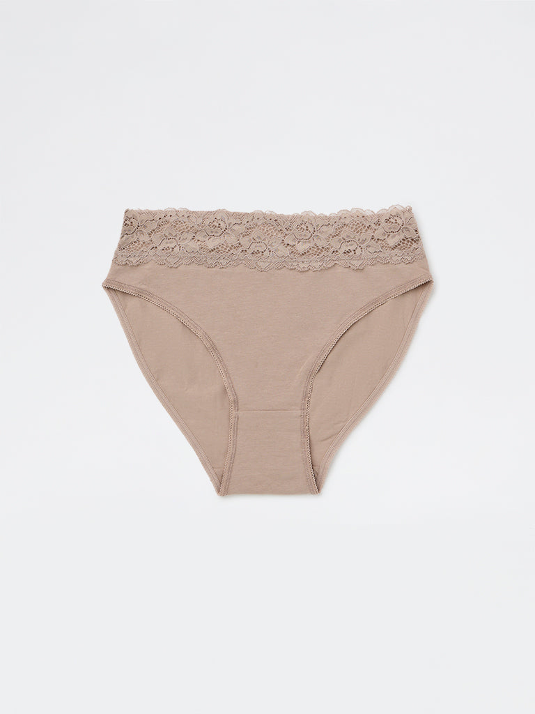 Wunderlove Light Taupe Lace Detailed Hi-Leg Cotton-Blend Briefs - Pack of 3