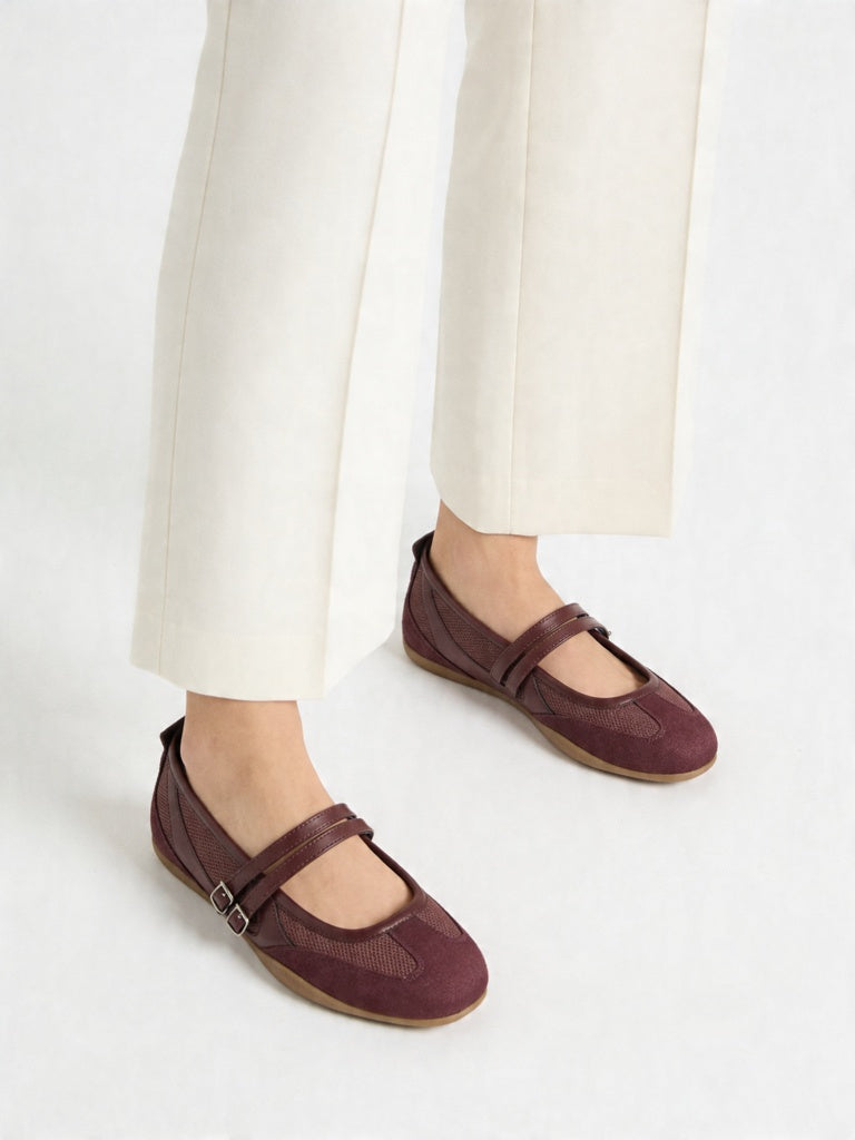 LUNA BLU Burgundy Mesh-Detailed Mary Jane Shoes
