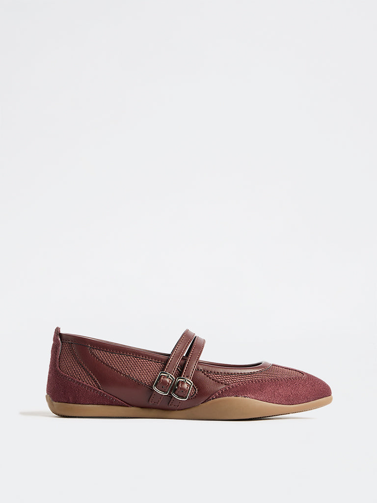 LUNA BLU Burgundy Mesh-Detailed Mary Jane Shoes