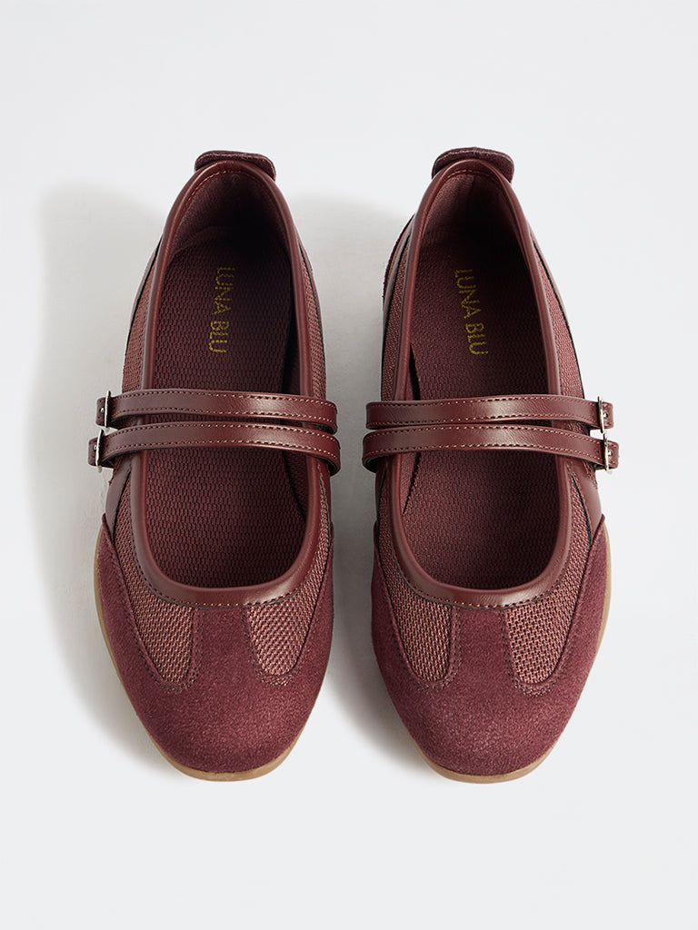 LUNA BLU Burgundy Mesh-Detailed Mary Jane Shoes