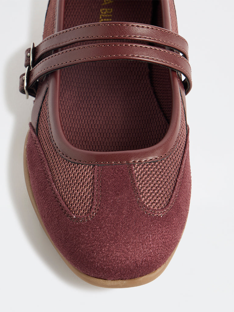 LUNA BLU Burgundy Mesh-Detailed Mary Jane Shoes