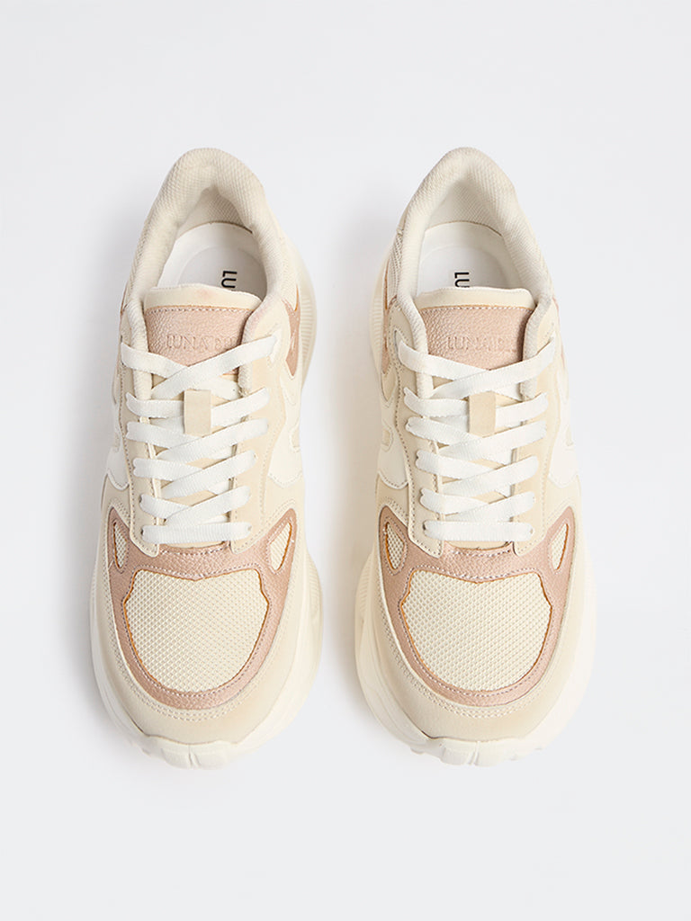 LUNA BLU Beige Mesh-Detailed Lace-Up Sneakers