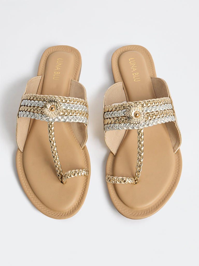 LUNA BLU Silver and Gold Braided Strap Kolhapuri Sandals