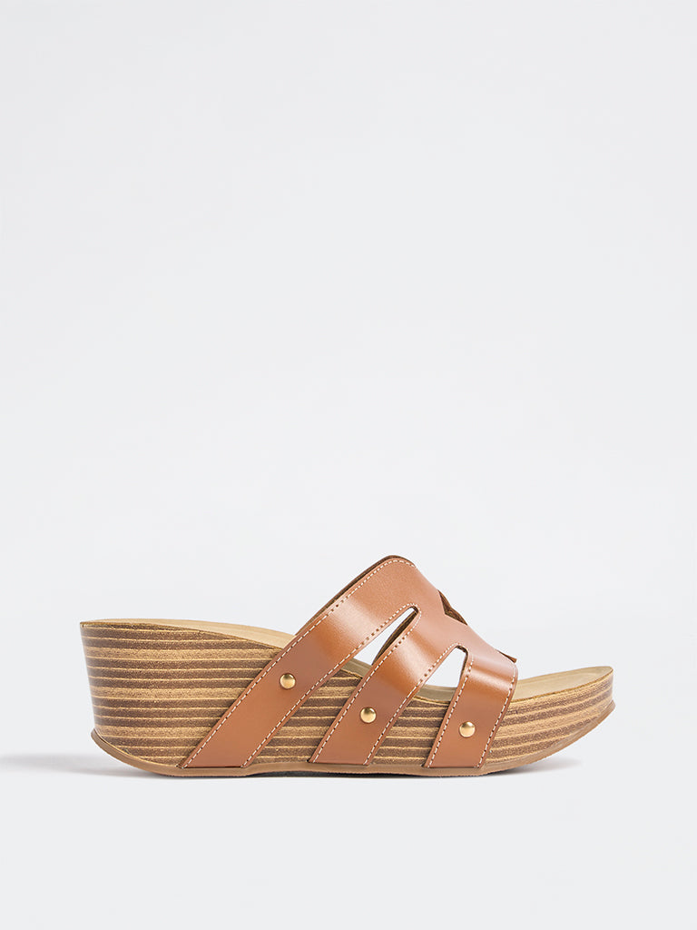 LUNA BLU Tan Cut-Out Detailed Wedge-Heel Sandals