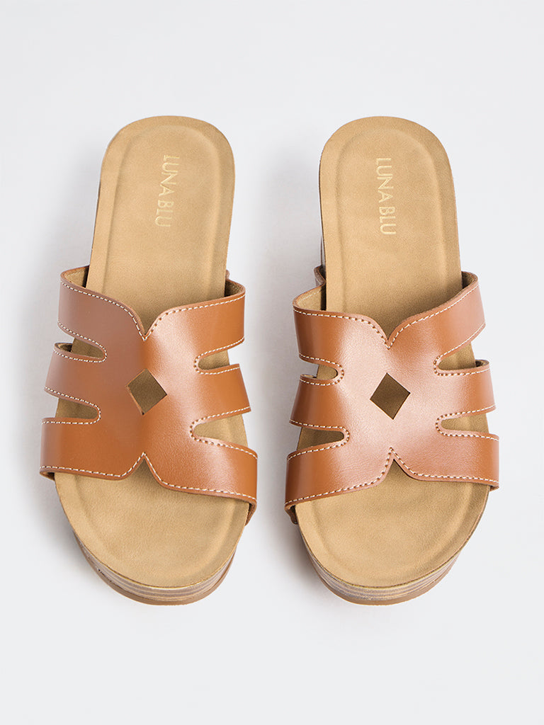 LUNA BLU Tan Cut-Out Detailed Wedge-Heel Sandals