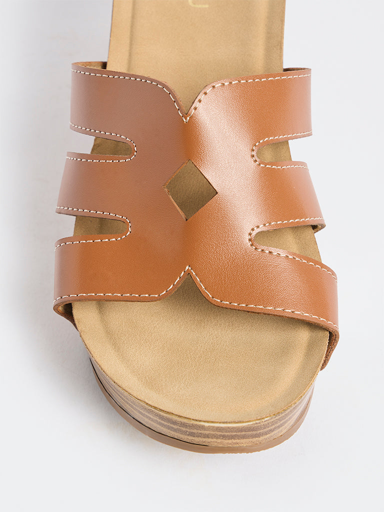 LUNA BLU Tan Cut-Out Detailed Wedge-Heel Sandals