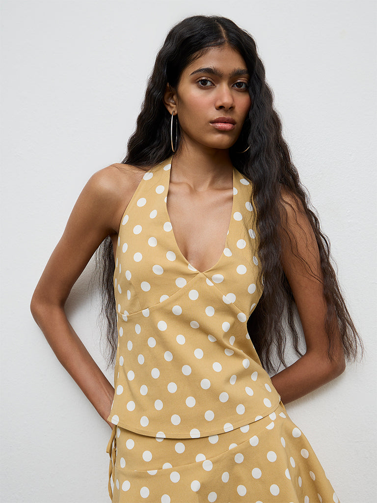 Nuon Mustard Polka Dot Printed Halter Neck Top