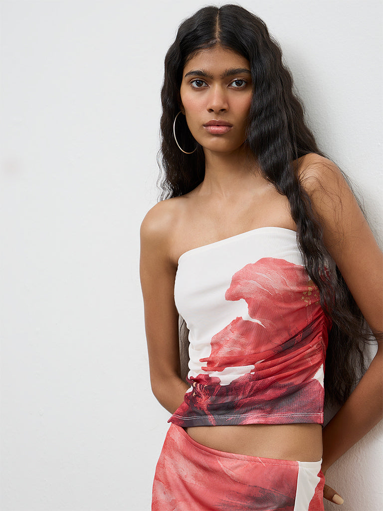Nuon White Floral Printed Ruched Tube Top