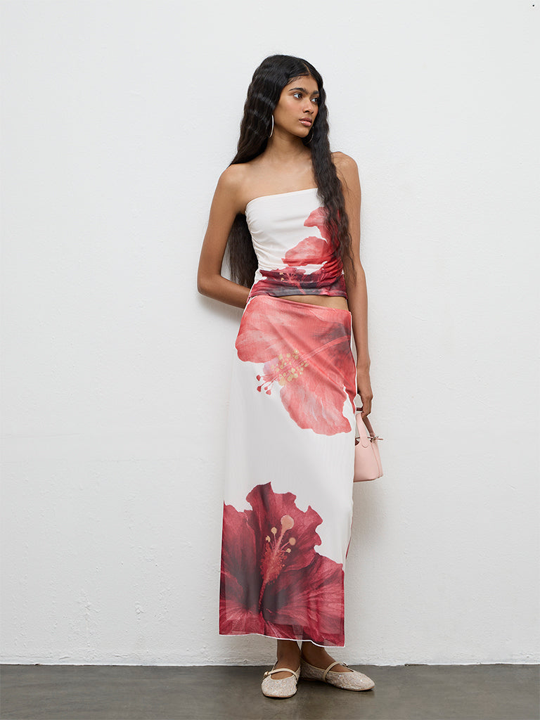 Nuon White Floral Printed Ruched Tube Top