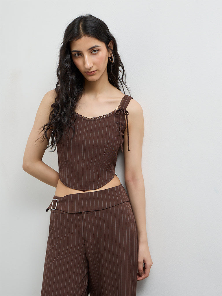 Nuon Dark Brown Striped Printed Top