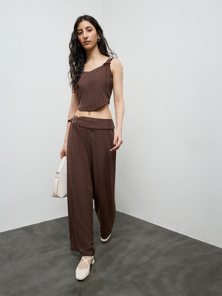 Nuon Dark Brown Striped Printed Top