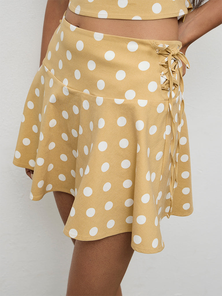 Nuon Mustard Polka Dot Printed High-Rise Skirt