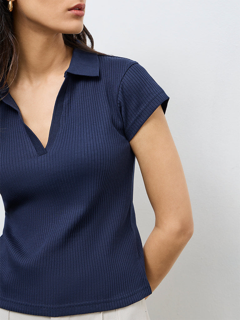 Wardrobe Navy Ribbed Cotton-Blend T-Shirt