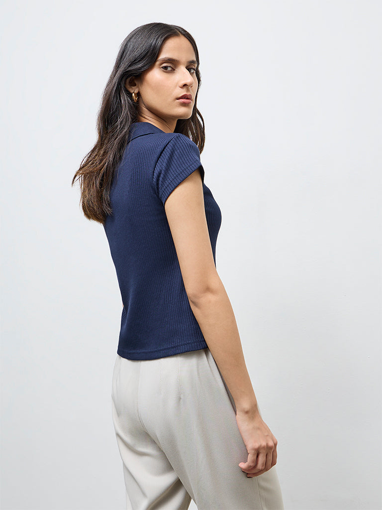 Wardrobe Navy Ribbed Cotton-Blend T-Shirt