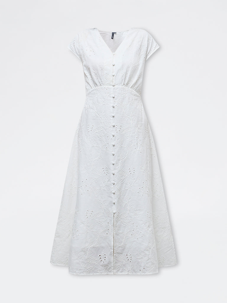 LOV White Floral Embroidered Cotton A-Line Dress