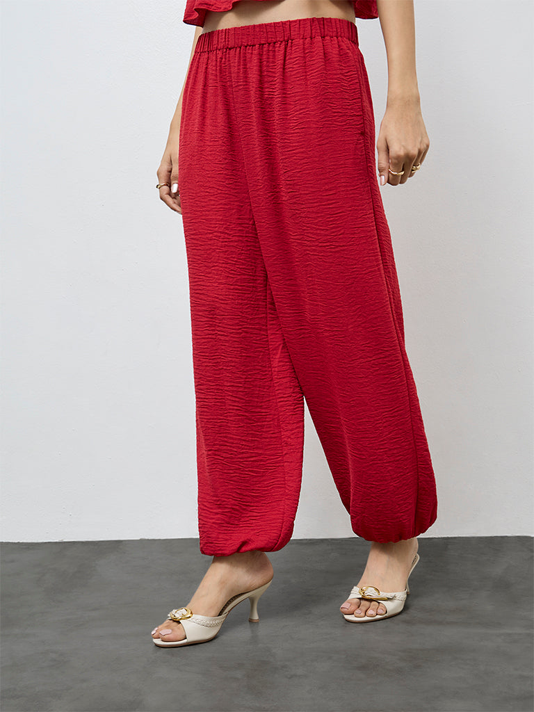 LOV Red Crinkle Textured High-Rise Harem Pants