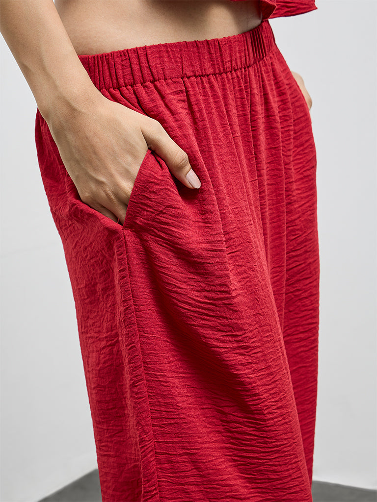 LOV Red Crinkle Textured High-Rise Harem Pants