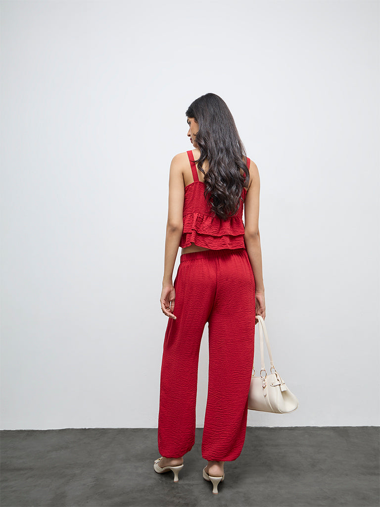 LOV Red Crinkle Textured High-Rise Harem Pants