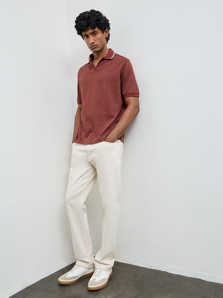 WES Casuals Rust Textured Relaxed-Fit Cotton-Blend Polo T-Shirt