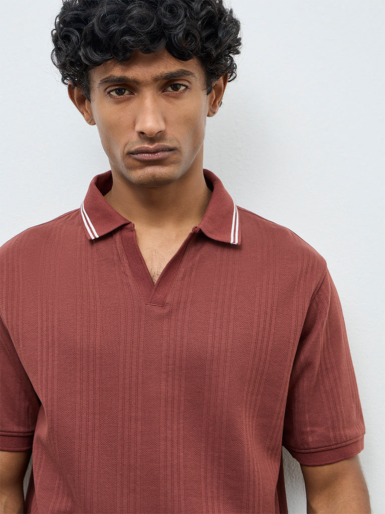 WES Casuals Rust Textured Relaxed-Fit Cotton-Blend Polo T-Shirt