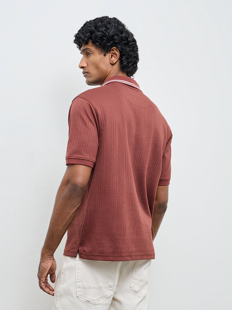 WES Casuals Rust Textured Relaxed-Fit Cotton-Blend Polo T-Shirt