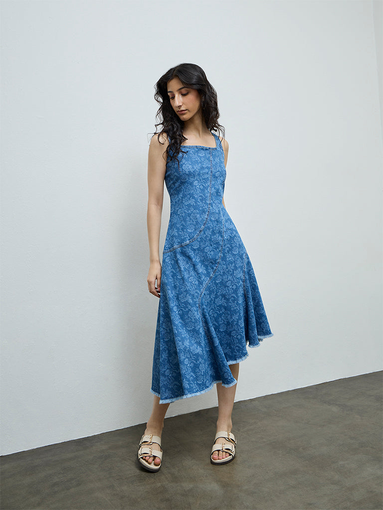 Bombay Paisley Blue Floral Denim A-Line Dress