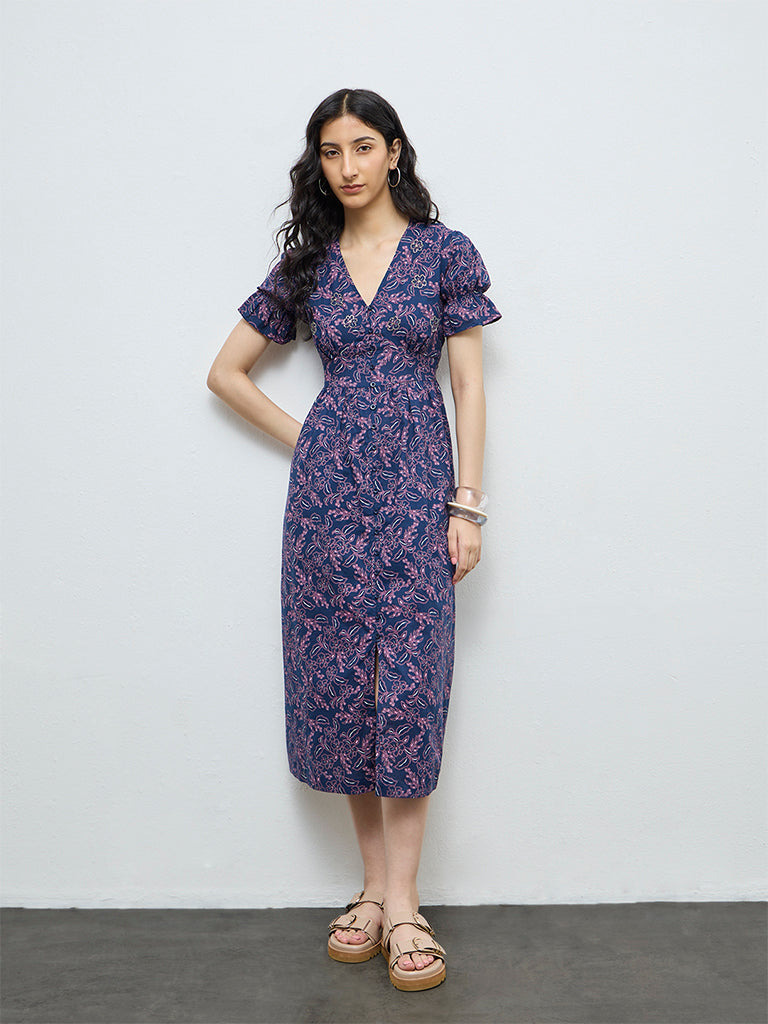 Bombay Paisley Dark Blue Floral Design Cotton A-Line Dress