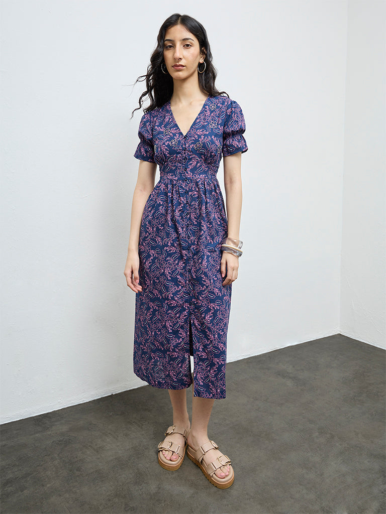 Bombay Paisley Dark Blue Floral Design Cotton A-Line Dress