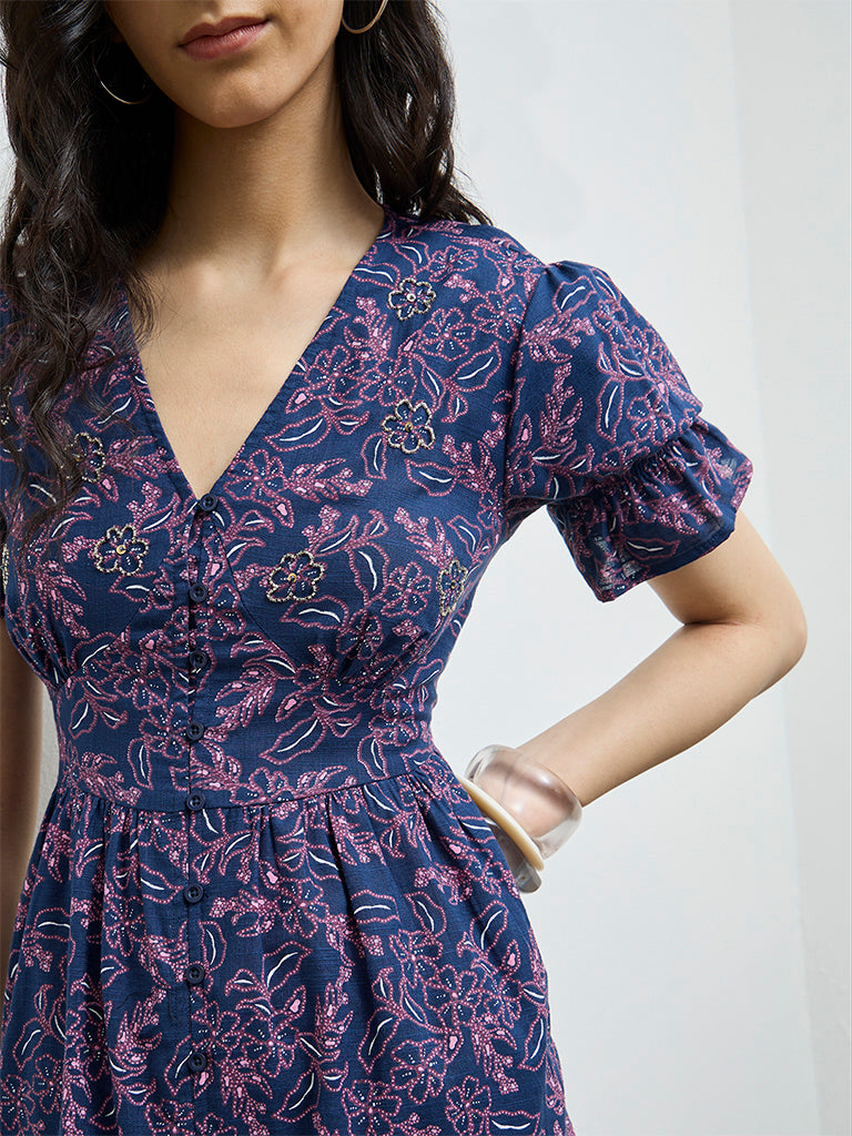 Bombay Paisley Dark Blue Floral Design Cotton A-Line Dress
