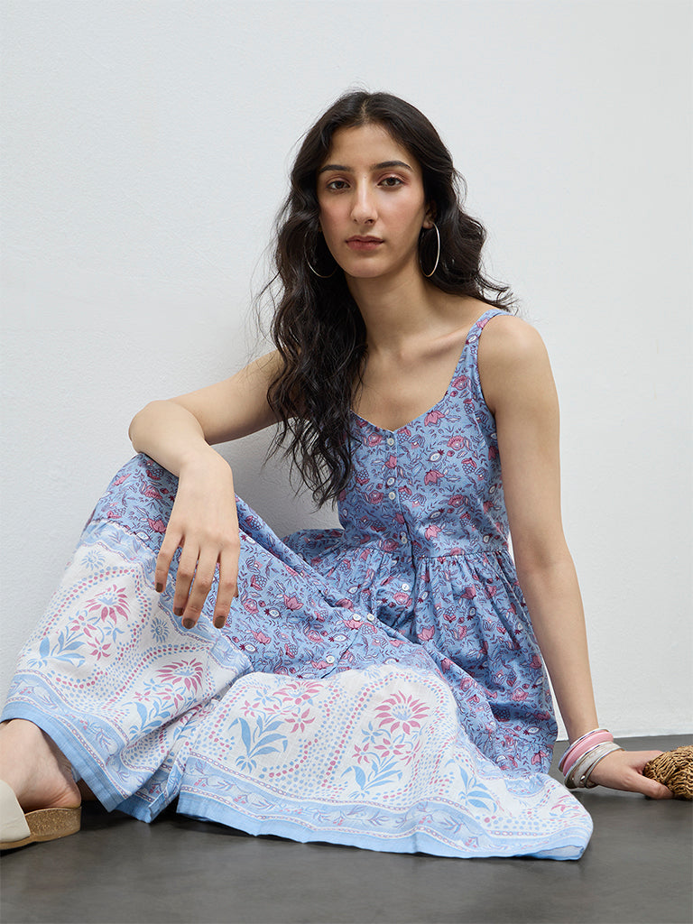 Buy Bombay Paisley Blue Floral Cotton Tiered Dress from Westside
