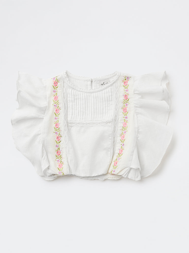 Utsa Kids Girls White Embroidered Cotton-Blend Top - (8-14 yrs)