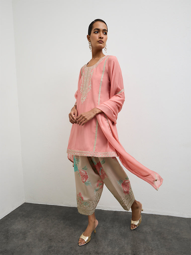 Vark Peach Floral Printed A-Line Ethnic Set