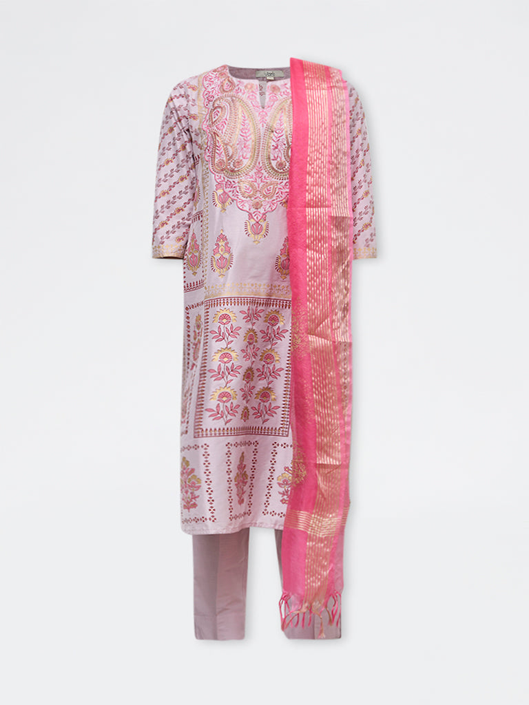 Vark Lilac Printed A-Line Kurta Ethnic Set