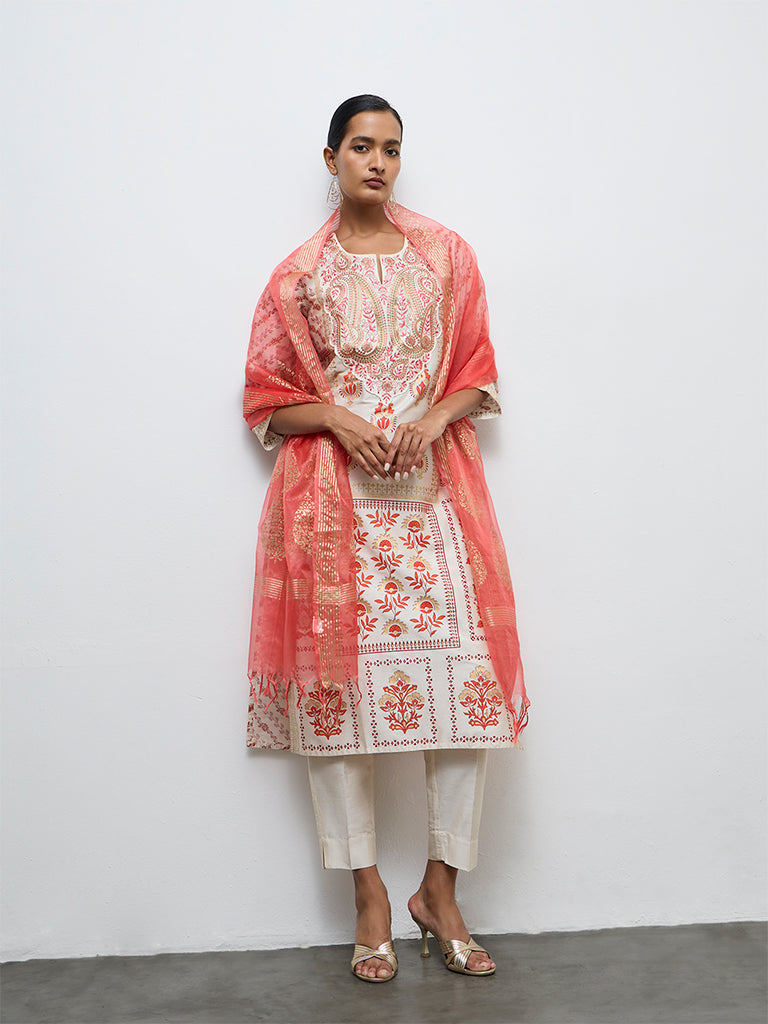 Vark Off-White Printed A-Line Kurta Ethnic Set