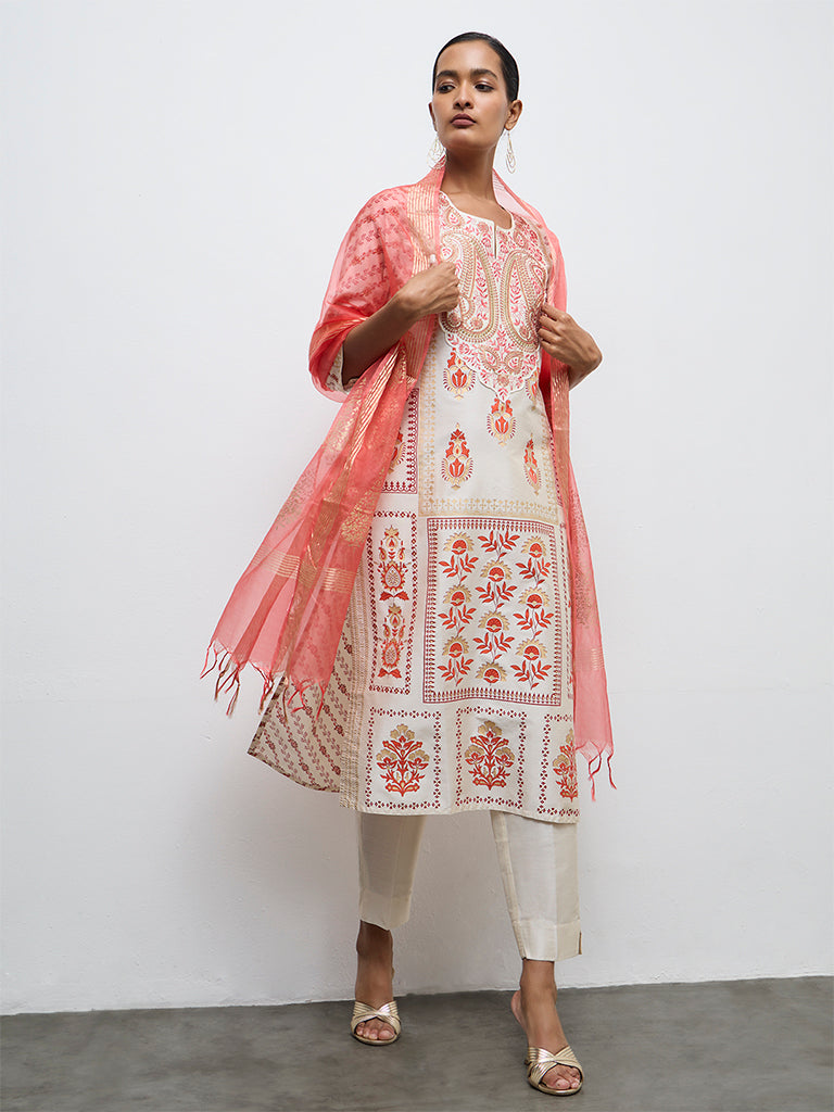 Vark Off-White Printed A-Line Kurta Ethnic Set
