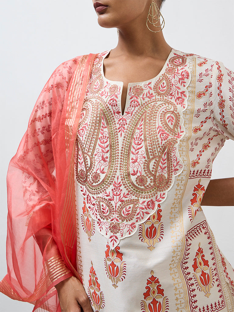 Vark Off-White Printed A-Line Kurta Ethnic Set