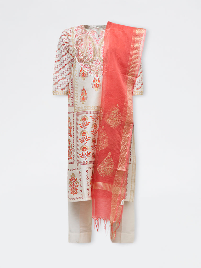 Vark Off-White Printed A-Line Kurta Ethnic Set