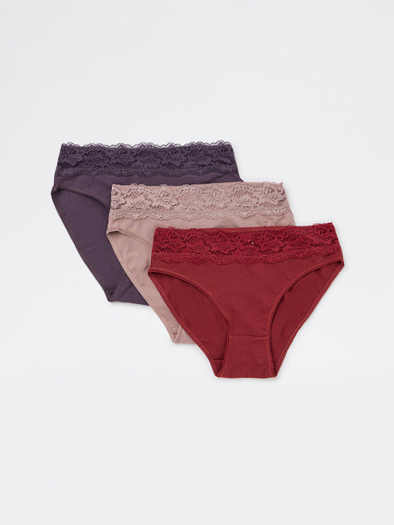 Wunderlove 3-Pack Lace Detailed Hi-Leg Cotton-Blend Briefs