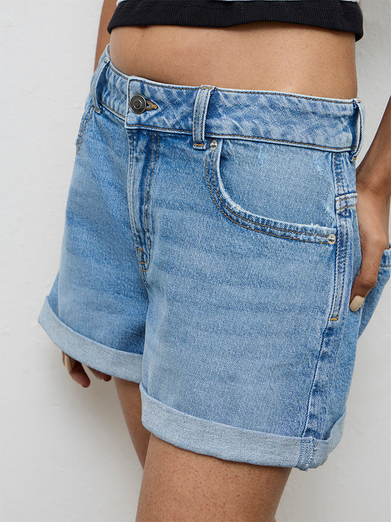 Nuon Blue Solid High-Rise Denim Shorts